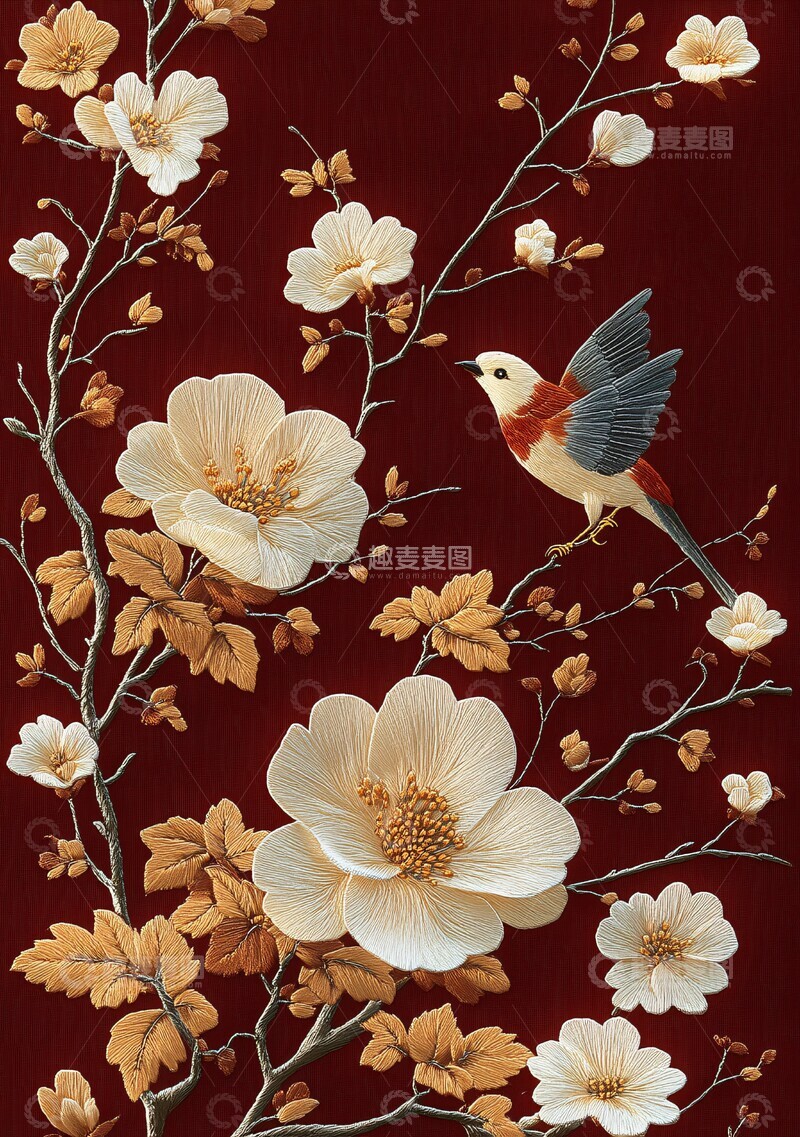 高清大图下载【趣麦麦图】红底白花刺绣图案1
