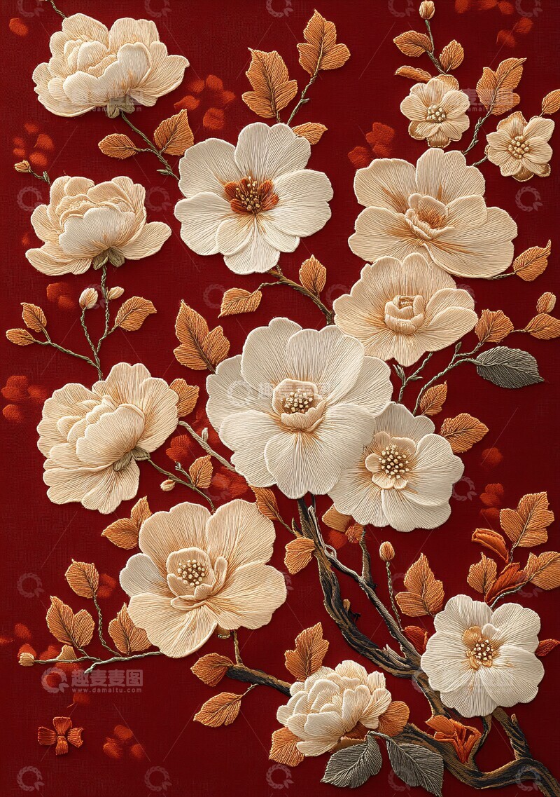 高清大图下载【趣麦麦图】白花枝条刺绣纹样1