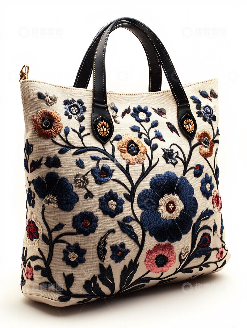 高清大图下载【趣麦麦图】奶油白花朵刺绣托特包2