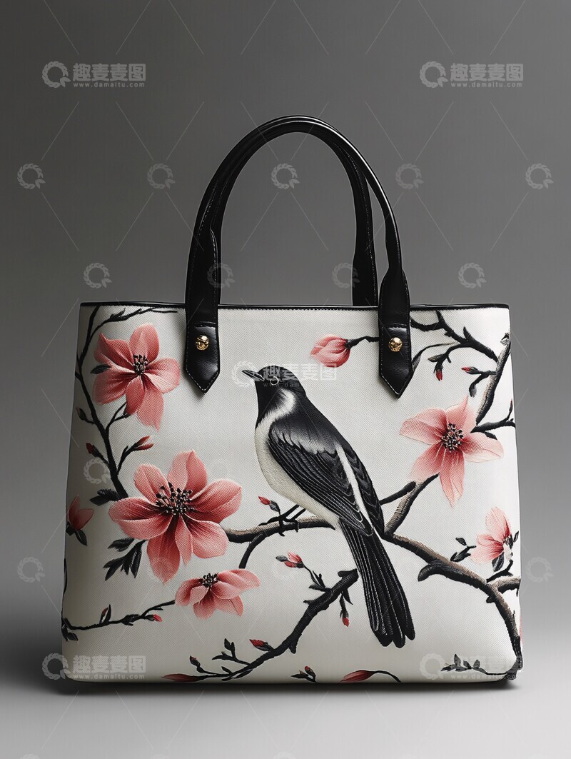 高清大图下载【趣麦麦图】木兰花鸟刺绣托特包2