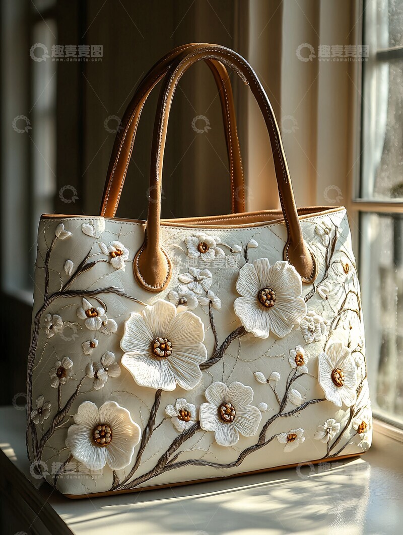 高清大图下载【趣麦麦图】奶油白花朵刺绣托特包