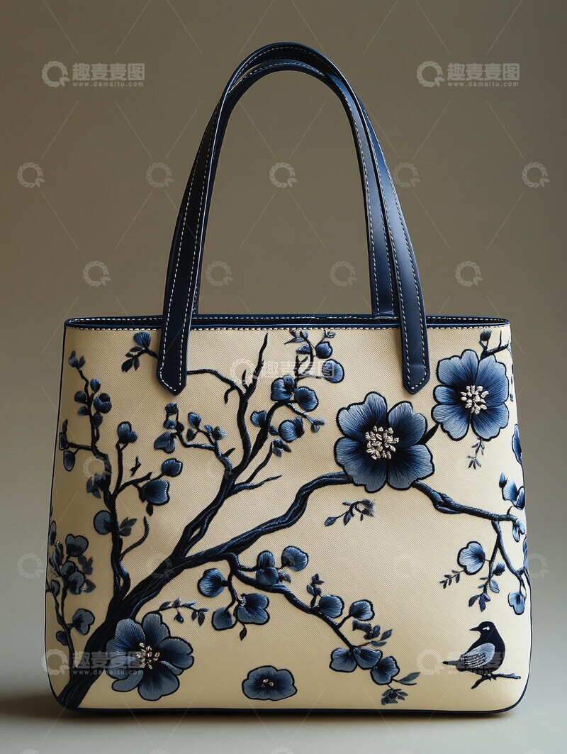 高清大图下载【趣麦麦图】蓝白刺绣木兰花手提袋