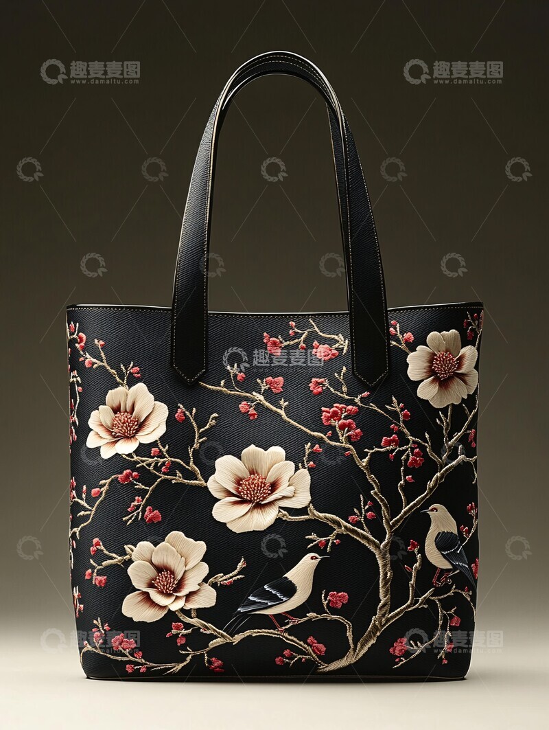 高清大图下载【趣麦麦图】木兰花鸟刺绣托特包1