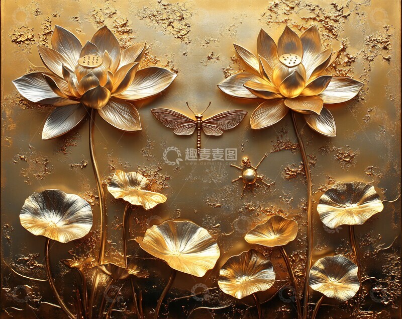 高清大图下载【趣麦麦图】金莲龙纹浮雕壁饰1