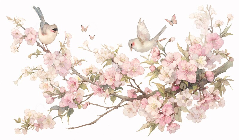 高清大图下载【趣麦麦图】鸟栖樱花樱花鸟类蝴蝶