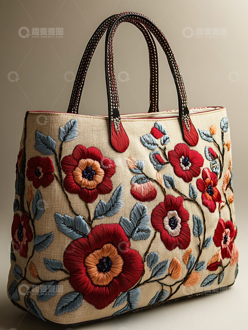 高清大图下载【趣麦麦图】简约刺绣手提袋