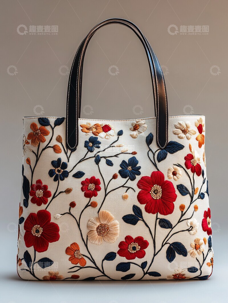 高清大图下载【趣麦麦图】奶油白花朵刺绣托特包1