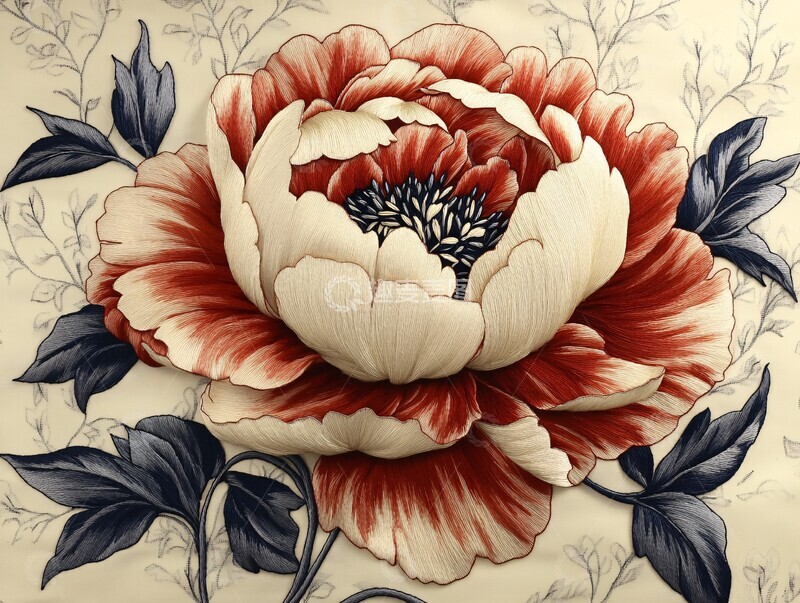 高清大图下载【趣麦麦图】-白线牡丹刺绣图案