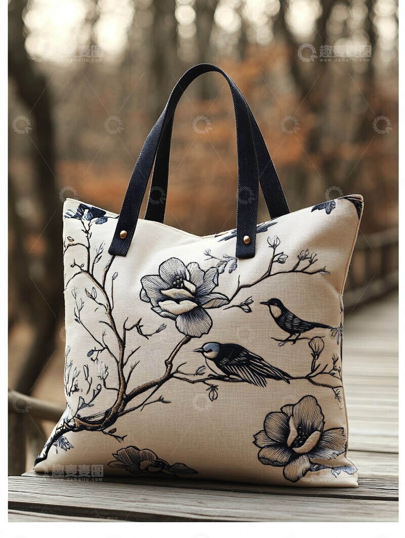 高清大图下载【趣麦麦图】木兰花鸟刺绣手提袋