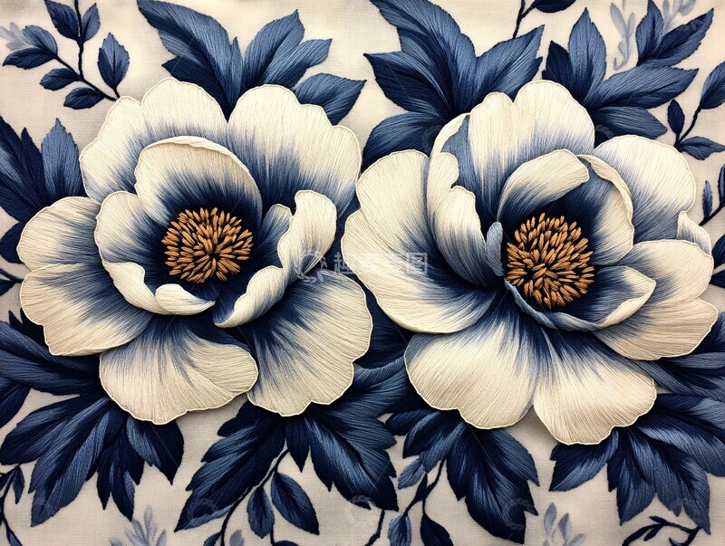 高清大图下载【趣麦麦图】白线牡丹刺绣图案2