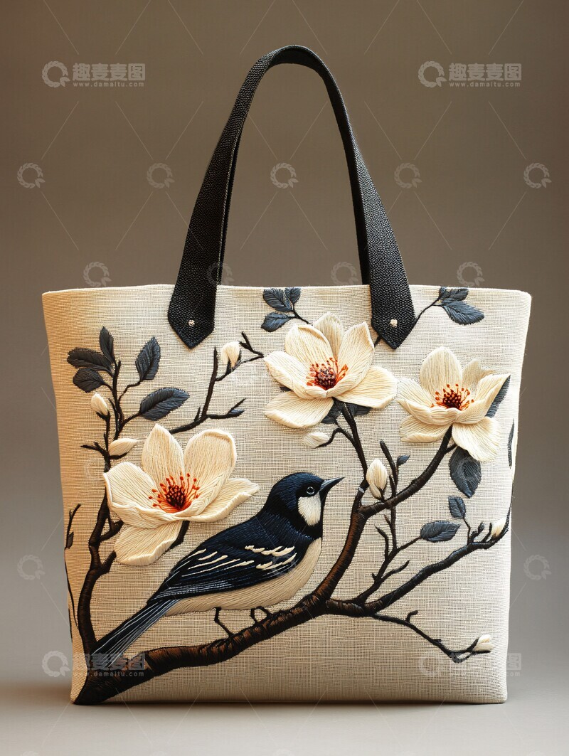 高清大图下载【趣麦麦图】木兰花鸟刺绣手提袋2