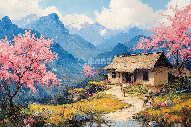 高清大图下载【趣麦麦图】梯田桃林溪流景2