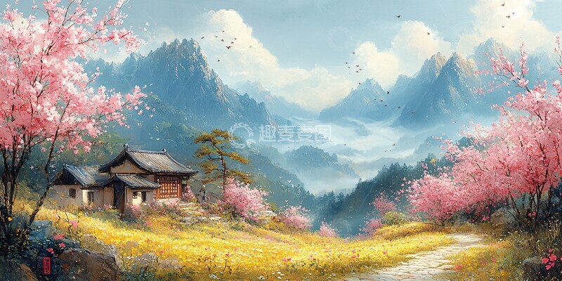 高清大图下载【趣麦麦图】春山花径小屋1
