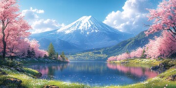 樱花湖景雪峰图1