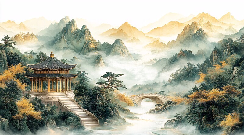 高清大图下载【趣麦麦图】金蓝绿山景刺绣2