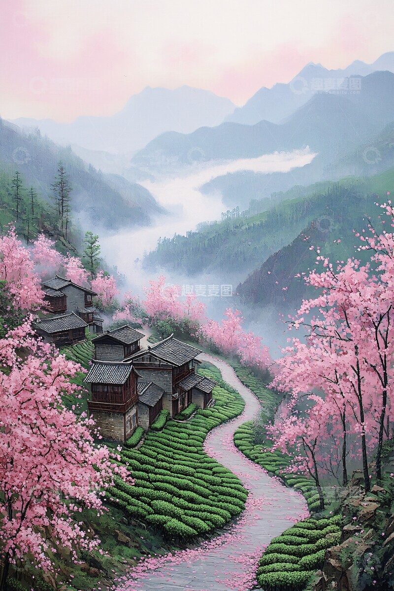 高清大图下载【趣麦麦图】茶园梯田樱花