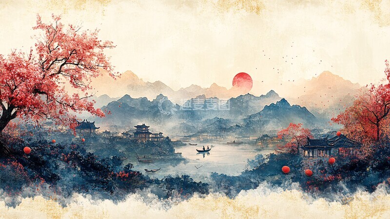 高清大图下载【趣麦麦图】田园风光桃花渔船农技