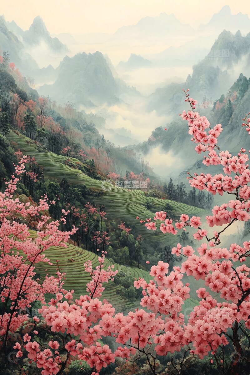高清大图下载【趣麦麦图】茶园梯田樱花2