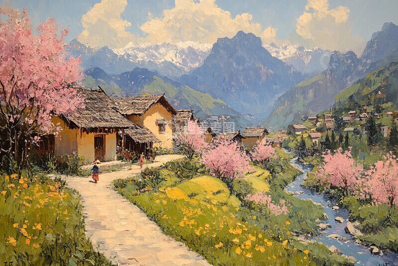 高清大图下载【趣麦麦图】梯田桃林溪流景