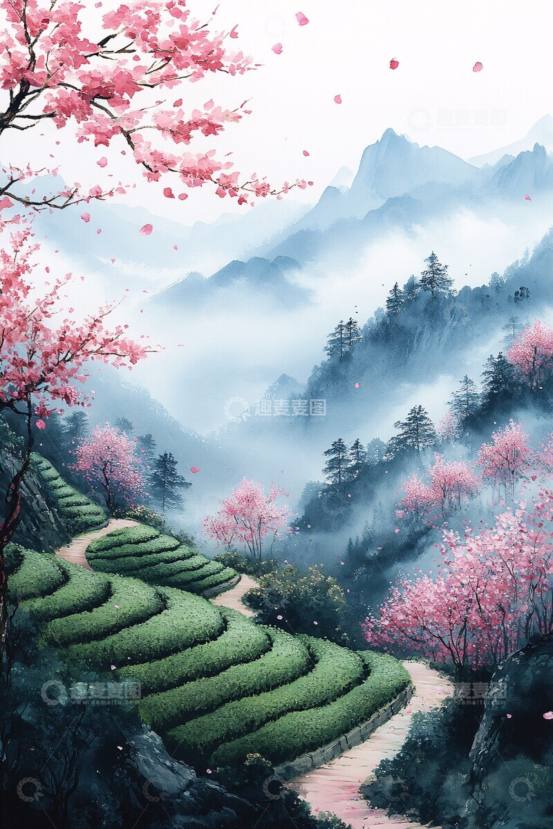 高清大图下载【趣麦麦图】茶园梯田樱花1