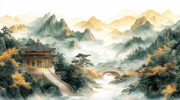 金蓝绿山景刺绣1