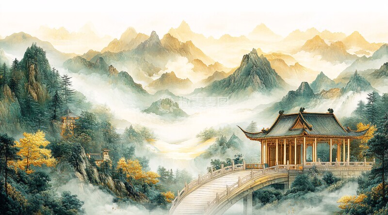 高清大图下载【趣麦麦图】金蓝绿山景刺绣