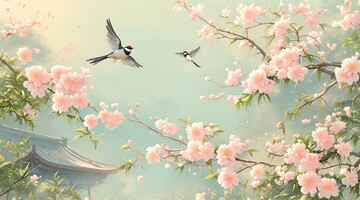 粉色花朵飞鸟图1