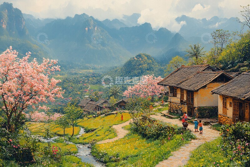 高清大图下载【趣麦麦图】梯田桃林溪流景1