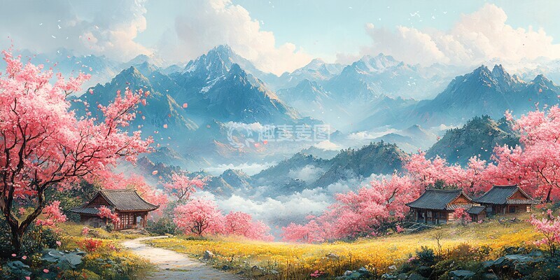 高清大图下载【趣麦麦图】春山花径小屋