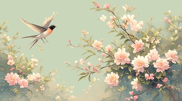 粉色花朵飞鸟图