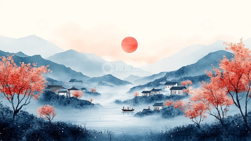 高清大图下载【趣麦麦图】田园风光桃花渔船农技1
