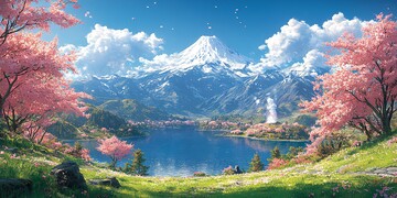 樱花湖景雪峰图