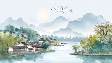 晨光中的河畔景致