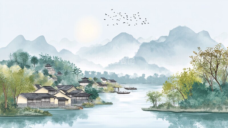 高清大图下载【趣麦麦图】晨光中的河畔景致