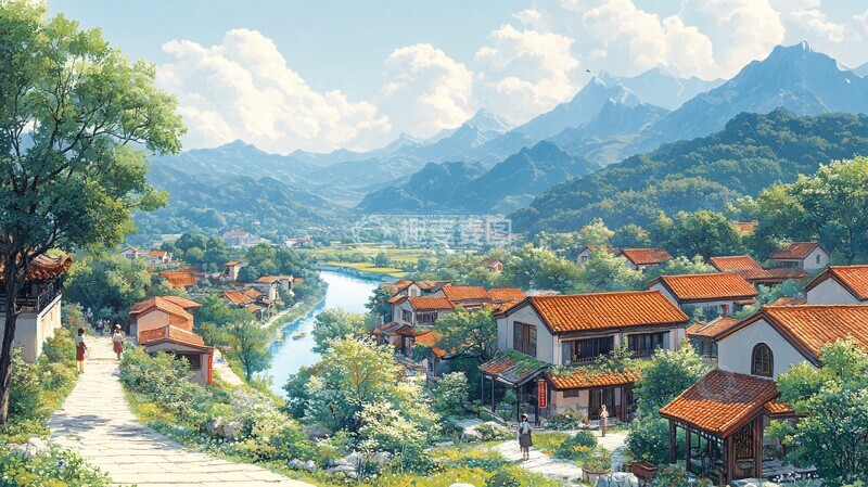 高清大图下载【趣麦麦图】河畔小径与红瓦房2