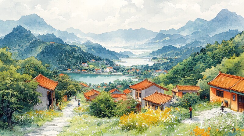 高清大图下载【趣麦麦图】河畔小径与红瓦房