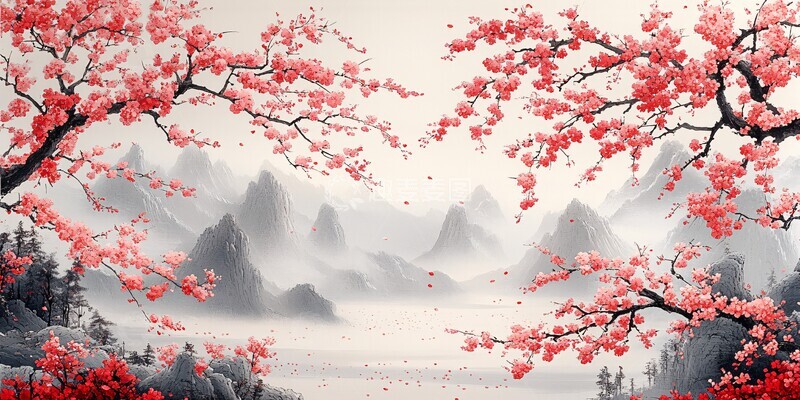 高清大图下载【趣麦麦图】樱花树纹样连续