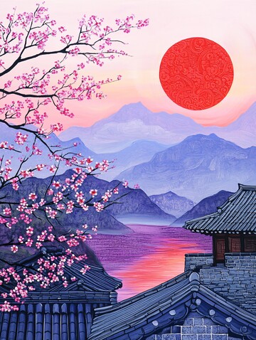 山村暮色木屋图