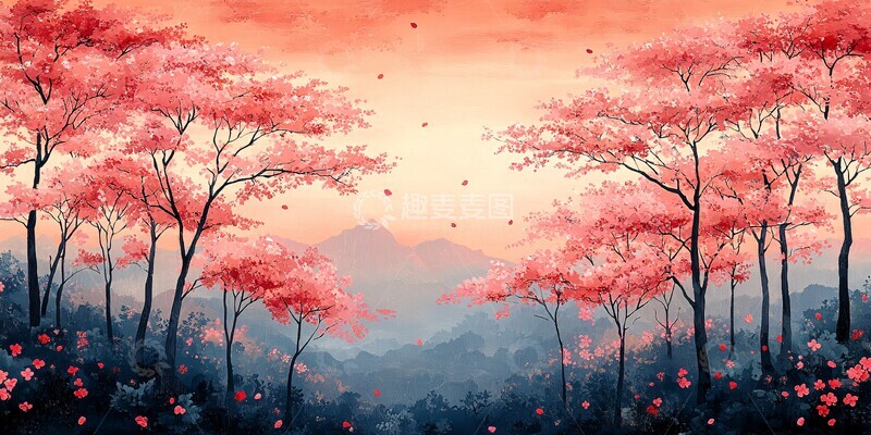 高清大图下载【趣麦麦图】樱花树纹样连续2