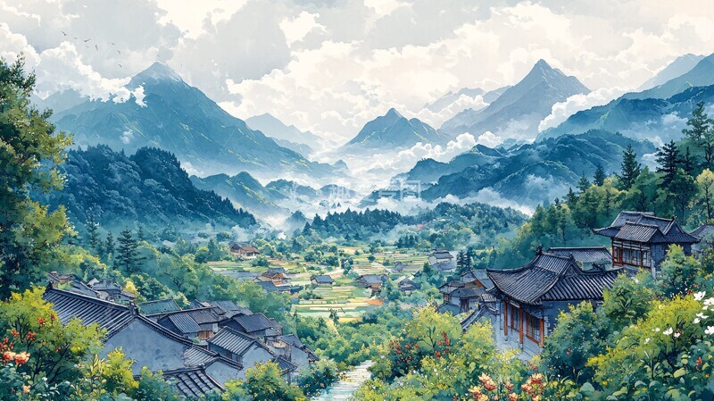 高清大图下载【趣麦麦图】山村农田与云雾缭绕1