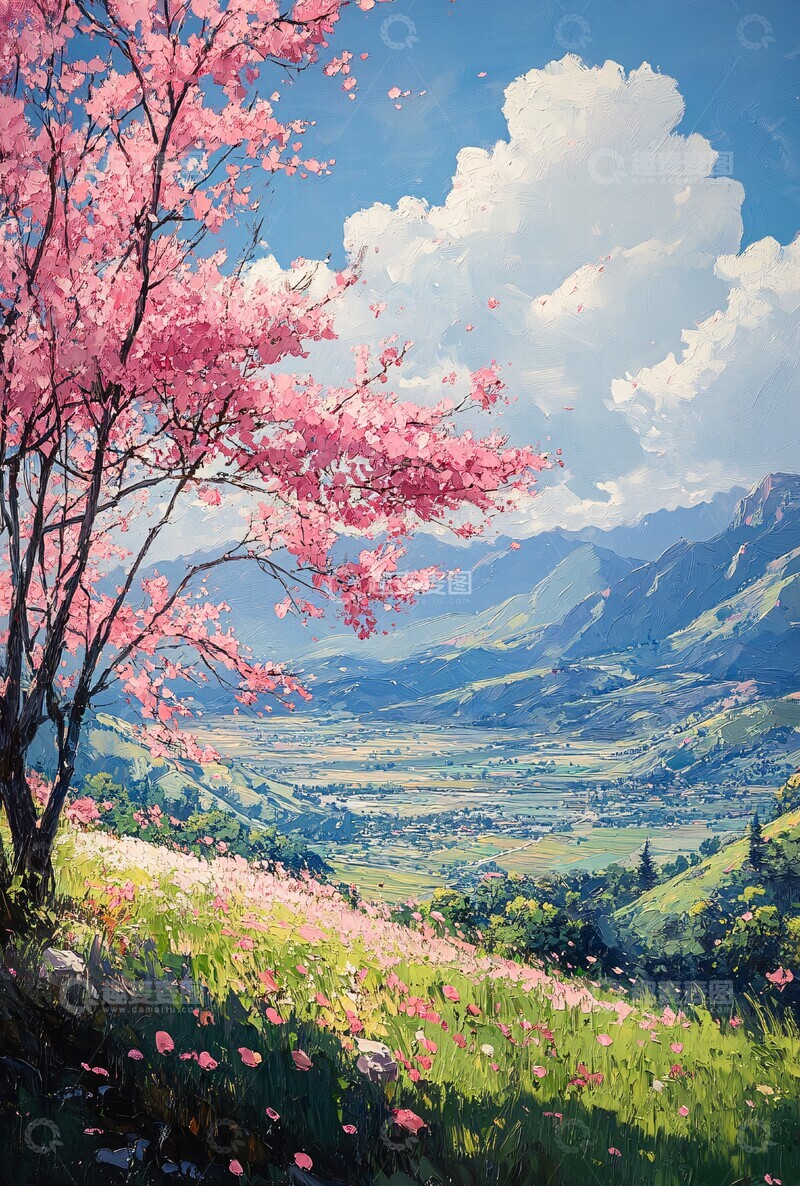 高清大图下载【趣麦麦图】青山白云花海图1