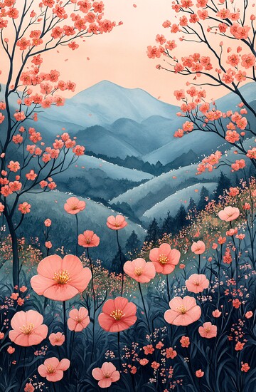 樱花与山野樱花山野绿色