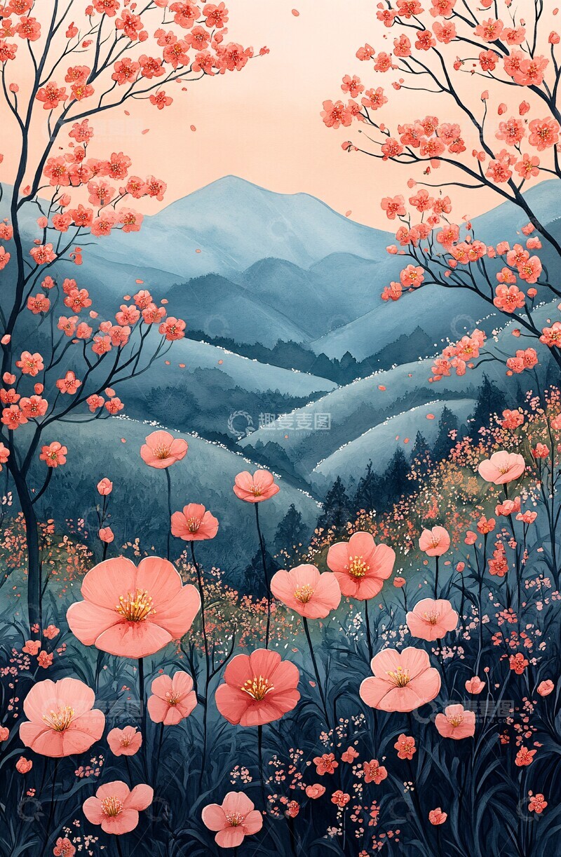 高清大图下载【趣麦麦图】樱花与山野樱花山野绿色