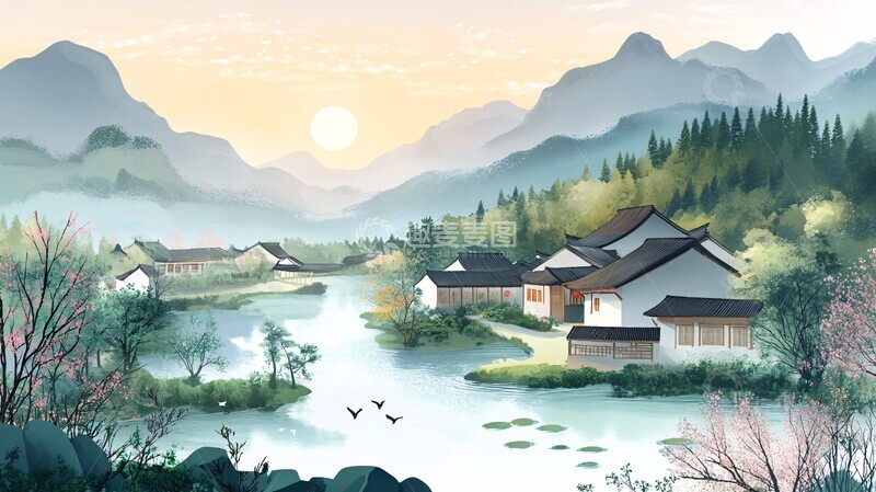 高清大图下载【趣麦麦图】晨光中的河畔景致1