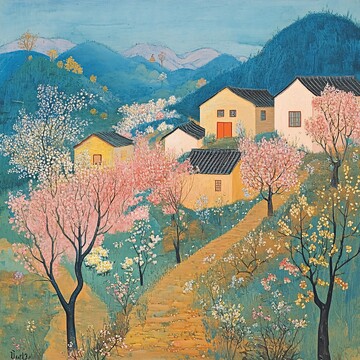 春景村舍图春天景色村庄1