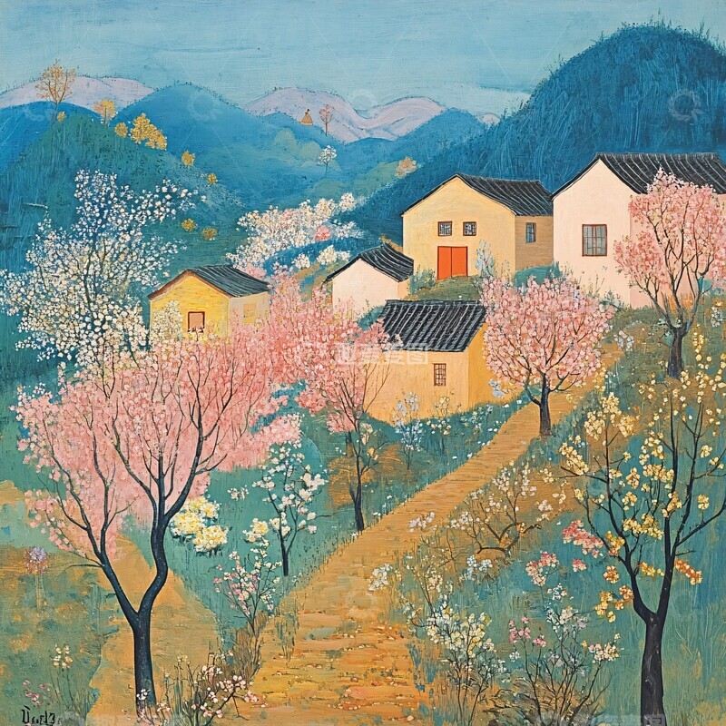 高清大图下载【趣麦麦图】春景村舍图春天景色村庄1