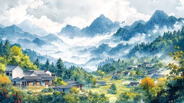 山村农田与云雾缭绕