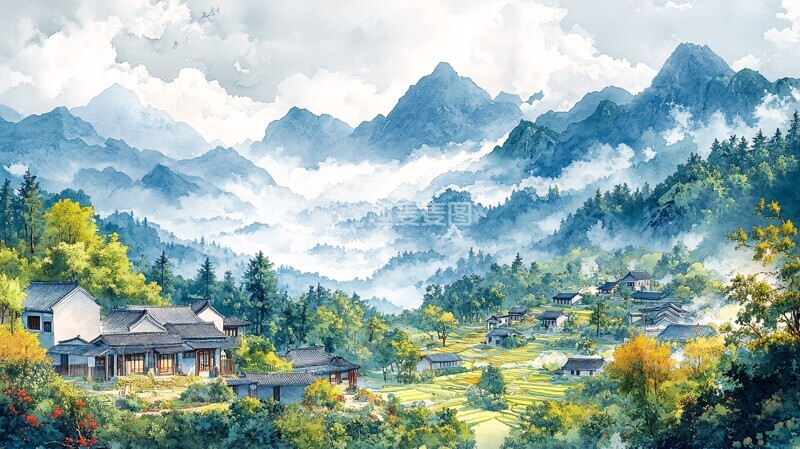 高清大图下载【趣麦麦图】山村农田与云雾缭绕
