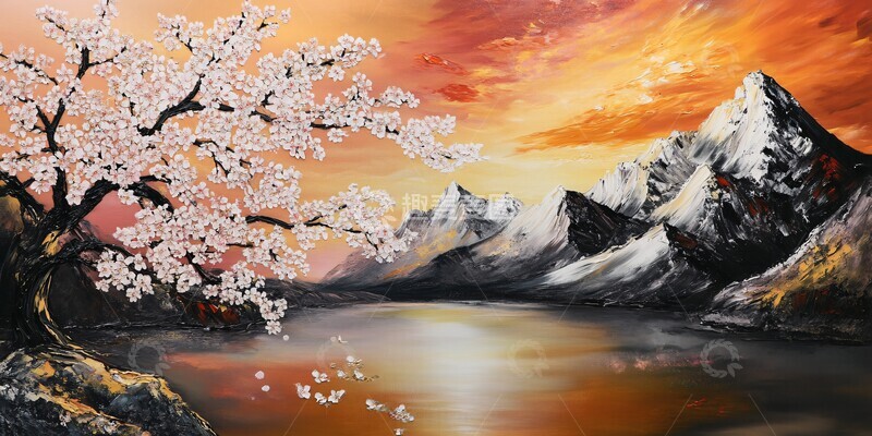 高清大图下载【趣麦麦图】樱花树与山水倒影