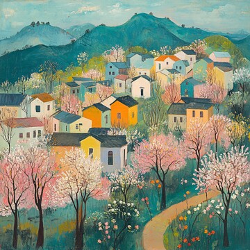 春景村舍图春天景色村庄